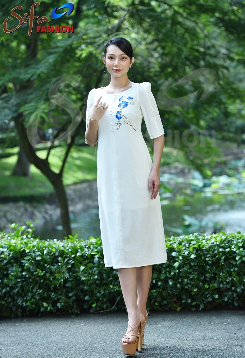 Đầm linen hoa vẽ tay