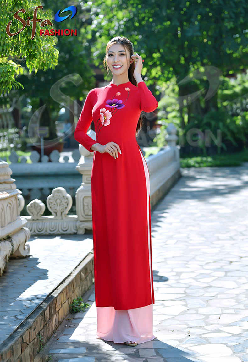 Áo dài lụa họa tiết vẽ tay