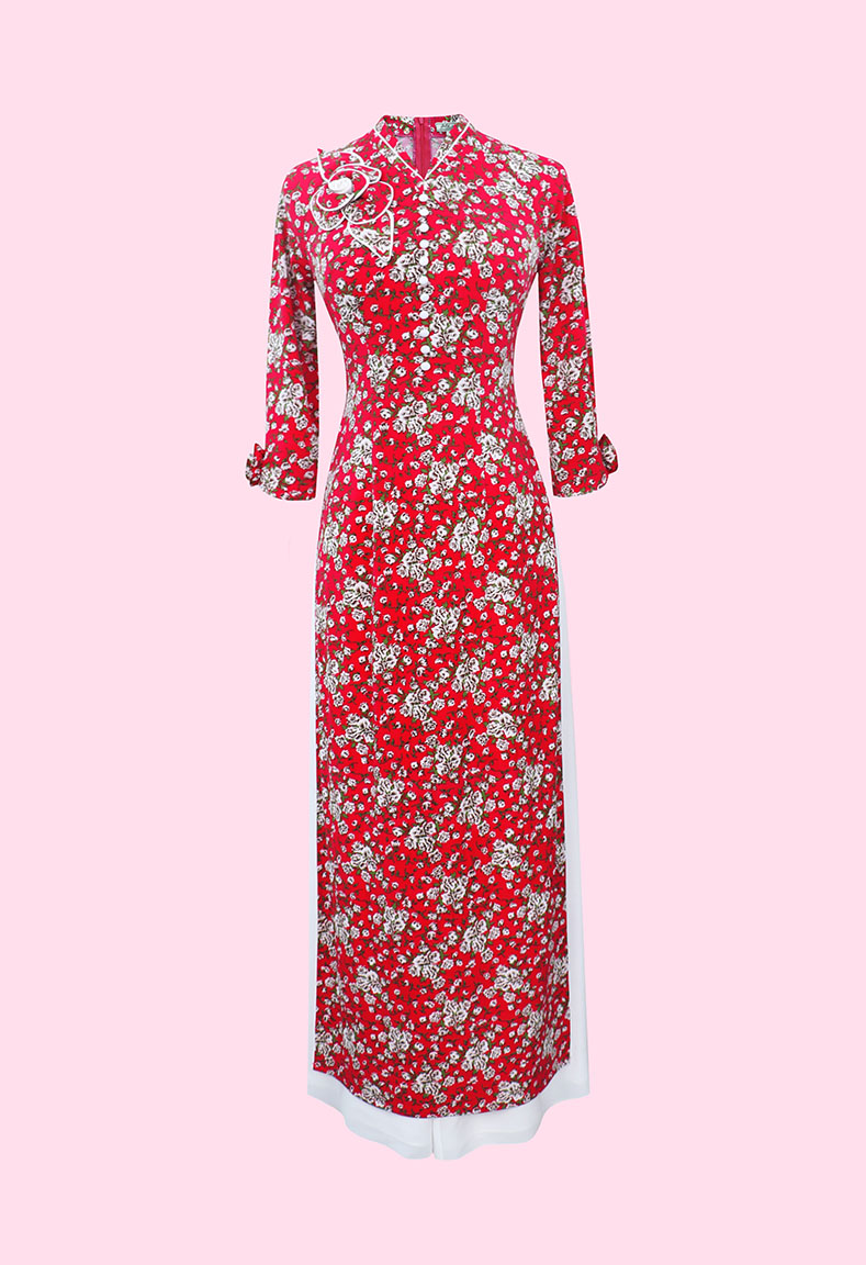 Áo dài cổ tim kết hoa