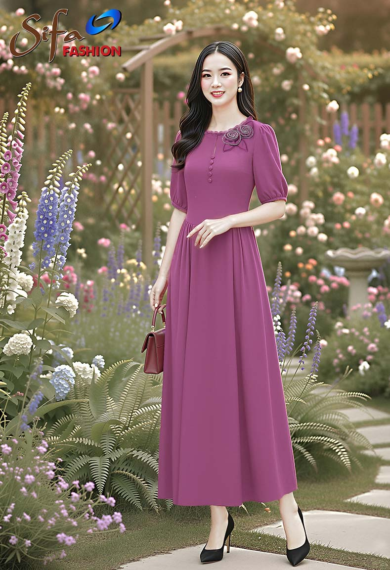 Đầm cổ tròn kết hoa thanh lịch