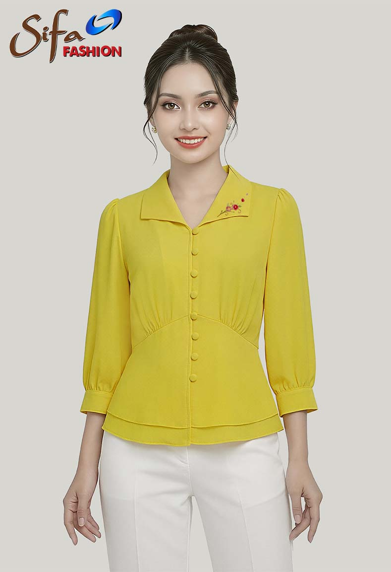 Áo voan cổ cánh én thêu