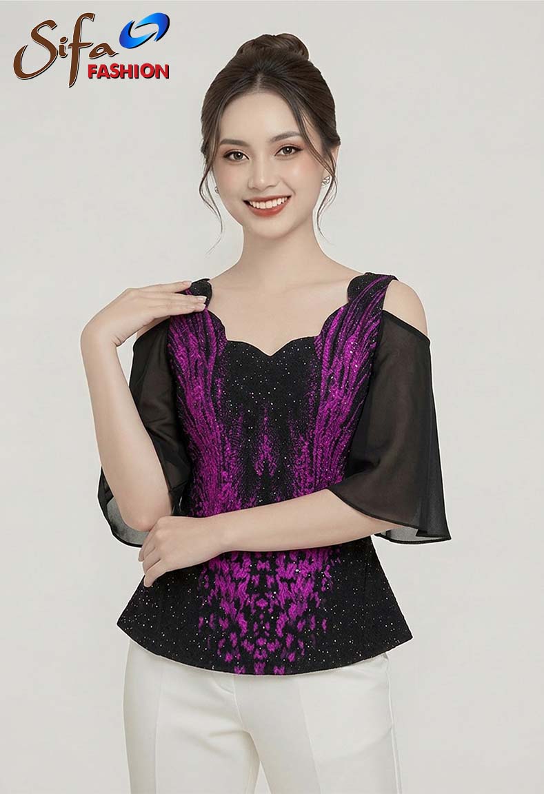 Áo cổ lượn tay phối voal