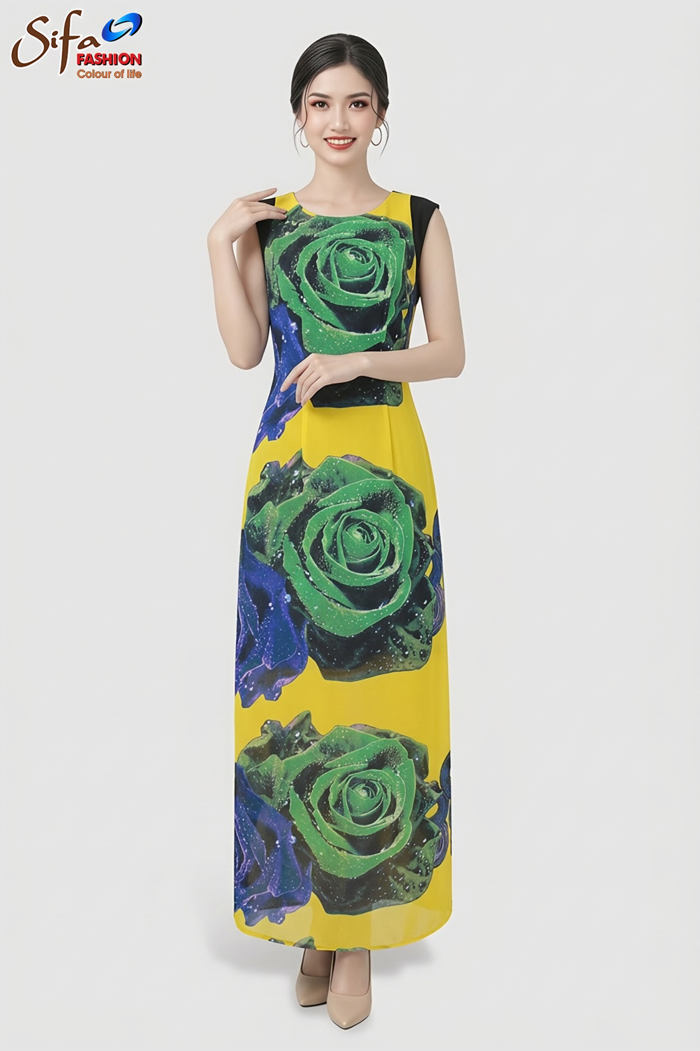 Đầm voan bông cổ tròn