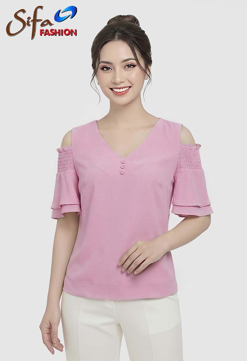 Áo cổ tim kết nút hở vai