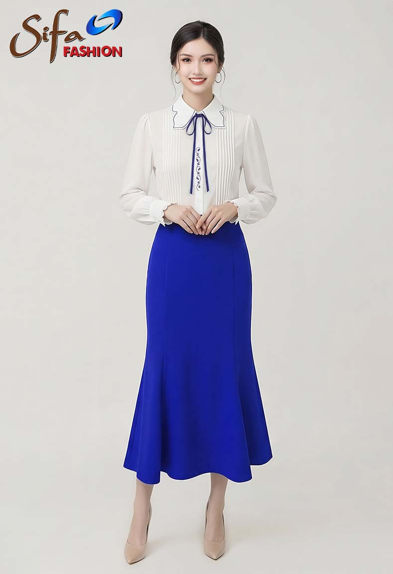 Áo cổ sơ mi thắt nơ ruy băng