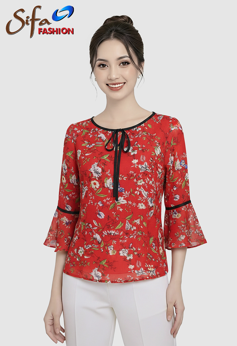 Áo hoa đính dây nơ