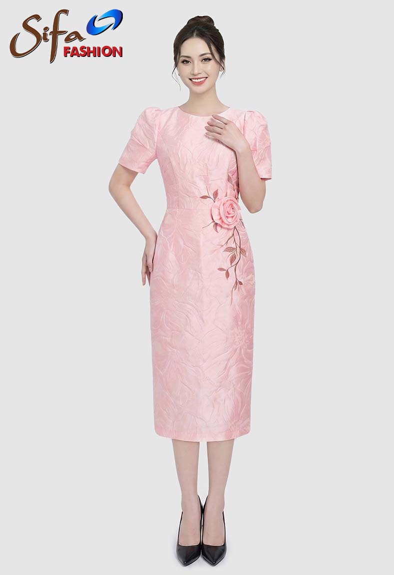Đầm taffta đính hoa